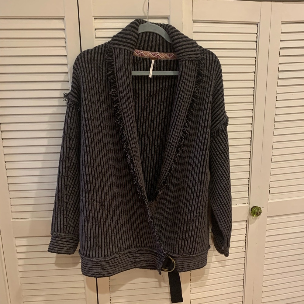 Free People Ribbed Open Front Cardigan in Charcoal Black